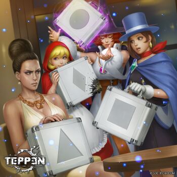 Rule 34 | 4girls, ace attorney, aura, b.b. hood, blonde hair, blue eyes, brown hair, chest jewel, company connection, crossover, darkstalkers, darkstalkers 3, earrings, energy, excella gionne, gem, gloves, glowing, hat, highres, hood, jewelry, kuroiwa enu, magic, magician, multiple crossover, multiple girls, necklace, official art, red hair, resident evil, resident evil 5, suitcase, tabasa, telekinesis, trucy wright, warzard, witch, witch hat