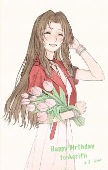 Rule 34 | 1girl, aerith gainsborough, bangle, bouquet, bracelet, breasts, brown hair, character name, choker, closed eyes, commentary request, cowboy shot, dated, dress, final fantasy, final fantasy vii, final fantasy vii rebirth, final fantasy vii remake, flower, flower choker, hand in own hair, happy birthday, highres, holding, holding bouquet, jacket, jewelry, kayu0315, light blush, long dress, long hair, medium breasts, open mouth, parted bangs, pink dress, pink flower, red jacket, sidelocks, simple background, smile, solo, tulip