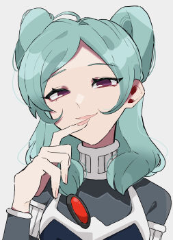 1girl aqua_hair beta_(inazuma_eleven) bodysuit commentary double_bun finger_to_mouth grey_background grey_bodysuit hair_bun highres inazuma_eleven_(series) inazuma_eleven_go inazuma_eleven_go_chrono_stone long_hair looking_at_viewer protocol_omega purple_eyes seikawa1110 simple_background smile upper_body