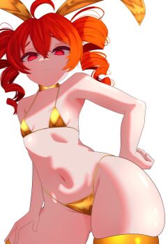 Rule 34 | 1girl, absurdres, ahoge, animal ears, armpits, bikini, breasts, drill hair, empty eyes, gold bikini, gold thighhighs, golden week, highres, kasane teto, looking at viewer, micro bikini, navel, rabbit ears, red hair, shion (shion aster), small breasts, solo, stomach, swimsuit, thighhighs, triangle bikini top, twin drills