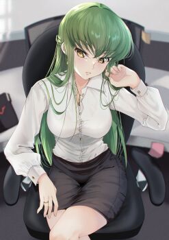 1girl absurdres alternate_costume alternate_hairstyle arm_at_side backlighting black_skirt blurry blurry_background blush braid breasts budgiepon c.c. chair code_geass collared_shirt commentary cowboy_shot crossed_legs curvy dress_shirt eyelashes fingernails formal_clothes french_braid from_above green_hair hair_between_eyes hair_over_shoulder hand_up head_tilt highres indoors jewelry lips long_hair long_sleeves looking_at_viewer medium_breasts necklace office office_chair office_lady parted_lips partially_unbuttoned pencil_skirt playing_with_own_hair ring shirt sitting skirt smile solo straight_hair swivel_chair very_long_hair wedding_ring white_shirt yellow_eyes
