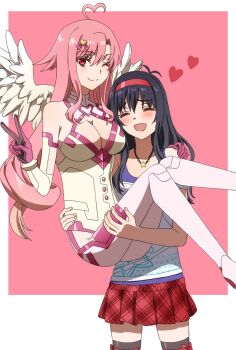 2girls black_hair bodysuit carrying commission commissioner_upload feathered_wings hairband hand_on_another's_shoulder happy heart highres lilim_(sakura_cupid) mitsuki_(sakura_cupid) multiple_girls non-web_source one_eye_closed pink_eyes pink_hair plaid_clothes plaid_skirt princess_carry red_hairband sakura_cupid skirt spoken_heart v wings yuri yuyu_(oiun461)
