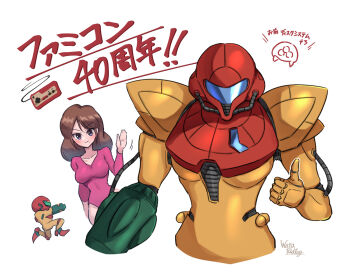 Rule 34 | 1girl, arm cannon, armor, artist name, assault visor, blue visor, brown hair, commentary request, full armor, leotard, long hair, metroid, metroid (classic), metroid (creature), nintendo, normal suit (metroid), pink leotard, power suit (metroid), samus aran, signature, simple background, smile, thumbs up, wakaba (wata ridley), weapon, white background