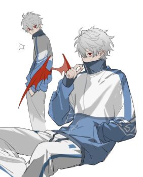 1boy abbitr2 blue_jacket commentary double-parted_bangs feet_out_of_frame grey_hair hair_between_eyes hand_in_pocket hand_up hashtag-only_commentary high_collar highres jacket kuzuha_(nijisanji) long_sleeves male_focus multiple_views nijisanji pants red_eyes short_hair simple_background virtual_youtuber white_background white_pants zipper