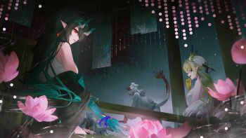 4girls absurdres arknights bare_shoulders black_coat black_hair blonde_hair blue_hair breasts closed_eyes coat colored_skin dragon_girl dragon_horns dragon_tail dusk_(arknights) eastern_dragon_horns eastern_dragon_tail flower green_hair hashtag-only_commentary highres horns hsr_kkgru indoors jacket ling_(arknights) long_hair lying medium_breasts multicolored_hair multiple_girls nian_(arknights) open_mouth pink_flower pointy_ears ponytail red_eyes shirt shu_(arknights) siblings sisters smile tail white_hair white_jacket white_shirt