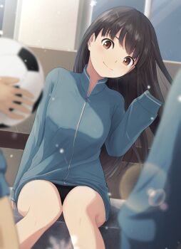 1girl absurdres amagami ayatsuji_tsukasa ball black_hair blue_jacket blurry blurry_foreground brown_eyes closed_mouth commentary_request day feet_out_of_frame gym_uniform hand_up head_tilt highres jacket kagari_ds knees_together_feet_apart lens_flare light_blush light_particles long_hair long_sleeves outdoors sitting sleeves_past_fingers sleeves_past_wrists smile soccer_ball solo_focus split_mouth track_jacket very_long_hair waving