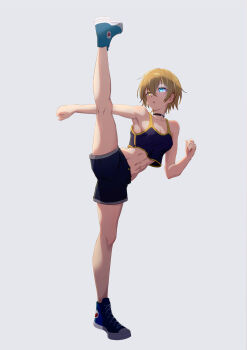 Rule 34 | 1girl, absurdres, armpits, black camisole, black shorts, blonde hair, blue eyes, blue shoes, breasts, camisole, clenched hands, commentary request, converse, crop top, crop top overhang, full body, glowing, glowing eye, heterochromia, highres, i-shaped balance (meme), kiritachi kuu, kuthird346, meme, midriff, narrow waist, navel, original, shoes, short hair, shorts, small breasts, sneakers, solo, split, standing, standing on one leg, standing split, yellow eyes