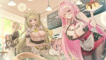 1other 4girls absurdres ade_(nikke) apron bag black_dress black_pantyhose blonde_hair blush bow braid breasts cake chocolate chocolate_on_body chocolate_on_breasts cleavage clipboard closed_eyes closed_mouth cocoa_(nikke) commentary doro_(nikke) dress emu_(emuemuart) english_commentary food food_on_body frills gloves goddess_of_victory:_nikke green_eyes green_hair hair_bow hair_bun hair_ornament heart_pasties highres holding holding_clipboard holding_tray huge_breasts large_breasts long_hair long_sleeves looking_at_viewer maid maid_apron maid_for_you_(nikke) maid_headdress menu menu_board mole mole_under_eye multiple_girls open_mouth pantyhose pasties pink_hair pink_nails puffy_sleeves red_dress serving_cart shoulder_bag smile soda_(nikke) tongue tongue_out tray twintails velvet_(nikke) waist_apron white_apron white_dress