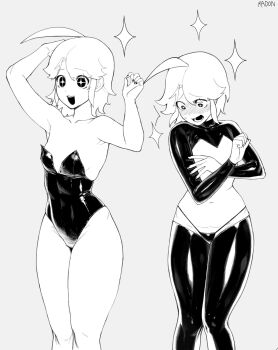 Rule 34 | + +, 1girl, ahoge, arm behind head, bare shoulders, blush, bodysuit, breasts, embarrassed, grey background, greyscale, hand up, highleg, highleg leotard, highres, latex, latex leotard, leotard, looking at another, medium hair, menchi (radon86 nya), midriff, monochrome, multiple views, non-web source, open mouth, original, radon86 nya, simple background, sketch, small breasts, smile, sparkle, standing, strapless, strapless leotard, thick thighs, thighs, third-party source, white hair