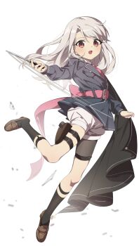 1girl akaneko016 collared_shirt commentary_request dagger fate/kaleid_liner_prisma_illya fate_(series) flat_chest full_body gloves hair_ornament highres illyasviel_von_einzbern jacket knife long_hair looking_at_viewer necktie open_mouth red_eyes sheath shirt smile socks solo thigh_sheath weapon white_hair wind x_hair_ornament