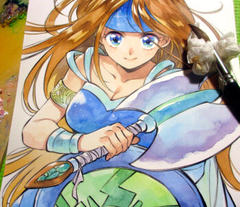 1girl agahari armlet armor art_brush art_tools_in_frame axe battle_axe blue_armor blue_eyes blue_headband breasts brown_hair cleavage closed_mouth collarbone commentary_request diane_(monster_maker) headband holding holding_axe holding_shield jewelry long_hair looking_at_viewer monster_maker paintbrush painting_(medium) photo_(medium) shield smile solo traditional_media upper_body very_long_hair weapon wristband