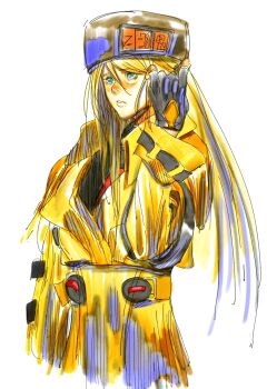 1girl black_gloves black_shirt blonde_hair brown_hat coat commentary_request cropped_torso fingerless_gloves fur_hat gloves green_eyes guilty_gear guilty_gear_strive hair_between_eyes hand_in_own_hair hand_up hat highres long_hair long_sleeves millia_rage papakha parted_lips shirt simple_background solo storyteller777 very_long_hair white_background yellow_coat