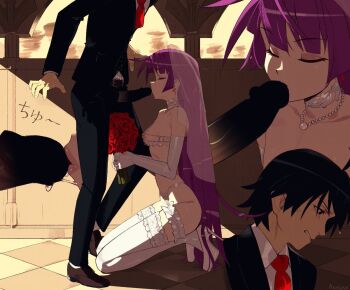 Rule 34 | 1boy, 1girl, araragi koyomi, aseiusx, bakemonogatari, black hair, bouquet, bra, breasts, bridal lingerie, bridal veil, censored, commentary, cupless bra, earrings, elbow gloves, english commentary, fellatio, flower, frilled thigh strap, gloves, hetero, high heels, holding, holding bouquet, jewelry, kissing penis, kneeling, large penis, lingerie, long hair, medium breasts, monogatari (series), multiple views, necklace, oral, pearl necklace, penis, purple hair, senjougahara hitagi, shoes, short hair, small breasts, stiletto heels, thigh strap, thighhighs, underwear, veil, white gloves, white shoes, white thighhighs