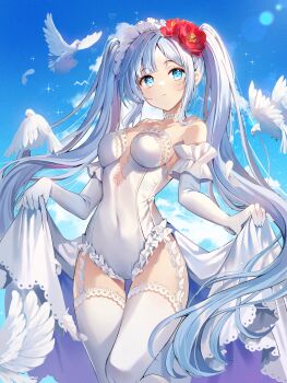 1girl absurdres auro_drm bird blue_eyes blush breasts choker cleavage cleavage_cutout closed_mouth clothes_lift clothing_cutout cloud cloudy_sky commentary day dove dress dress_lift elbow_gloves english_commentary flower frilled_leotard frills garter_straps gloves hair_flower hair_ornament highres lace_trim lens_flare leotard light_particles long_hair looking_at_viewer maid_headdress medium_breasts original outdoors skirt_hold sky solo sunlight thighhighs train_(clothing) twintails wedding_dress white_choker white_gloves white_hair white_thighhighs