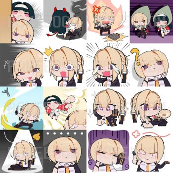 2girls arm_strap astra_yao black_hair blonde_hair chest_harness chibi chibi_only emoji evelyn_chevalier gloves half_gloves harness highres hitting knife multiple_girls necktie romeboom yellow_necktie zenless_zone_zero