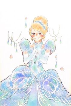 05ars_os 1girl ball_gown blonde_hair blue_dress blue_eyes choker cinderella_(disney_character) cinderella_(disney_movie) dress earrings gloves hair_bun hairband highres jewelry looking_at_viewer princess princess_dress short_hair smile solo