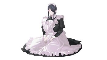 Rule 34 | absurdres, apron, black hair, blush, breasts, collared dress, commentary, curvy black-haired girl (tnr), dress, english commentary, frilled apron, frilled dress, frills, hair bun, hair over one eye, hands on own legs, highres, huge breasts, long hair, long sleeves, looking at viewer, maid, maid apron, maid headdress, original, ponytail, red eyes, simple background, sitting, smile, tnr (horiko1525), white background, white headdress