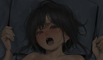 1girl :o black_hair blush collarbone half-closed_eyes hands_up implied_sex izawa_(bhive003) kono_subarashii_sekai_ni_shukufuku_wo! megumin nude paid_reward_available pillow pillow_grab portrait red_eyes sex solo sweat teeth tongue trembling