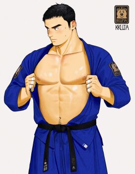 1boy abs bara bare_pectorals black_eyes black_hair cowboy_shot dougi highres kkuja looking_to_the_side male_focus muscular muscular_male navel_hair nipples open_clothes open_shirt original pectorals short_hair simple_background solo strongman_waist sweatdrop thick_eyebrows white_background