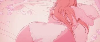 1girl animated animated_gif anime_screenshot ass ass_focus back backboob blonde_hair blush breast_press breasts butt_crack chainsaw_man demon_horns flower hair_between_eyes horns hugging_object lingerie long_hair looking_at_viewer medium_breasts on_bed open_mouth panties pillow pillow_hug power_(chainsaw_man) red_horns sharp_teeth symbol-shaped_pupils teeth thighhighs top-down_bottom-up topless_female underwear white_panties white_thighhighs yellow_eyes