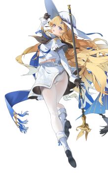 1girl absurdres ass black_collar black_gloves black_neckerchief blonde_hair blue_eyes collar commentary_request from_behind full_body gloves hair_ornament hat highres holding holding_staff hornesix long_hair long_sleeves looking_at_viewer looking_back midriff miniskirt neckerchief open_mouth panties panties_under_pantyhose pantyhose phoebe_(wuthering_waves) shirt simple_background skirt smile solo staff underwear very_long_hair white_background white_hat white_panties white_pantyhose white_shirt white_skirt wuthering_waves x_hair_ornament