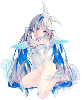 1girl absurdres amane_kanata angel_wings armband bandaged_arm bandaged_leg bandages bandaid bandaid_on_leg blue_hair blue_wings blush breasts colored_inner_hair covered_navel detached_collar feathered_wings flat_chest frilled_pillow frills full_body gradient_wings grey_hair grey_shoes hair_ornament hat high_heels highres hololive id_card lanyard leotard long_hair looking_at_viewer multicolored_hair multicolored_wings name_tag nurse nurse_cap official_alternate_hair_length official_alternate_hairstyle pillow pink_hair purple_eyes shoes simple_background single_hair_intake solo streaked_hair twintails ureinnn very_long_hair virtual_youtuber white_background white_leotard wings x_hair_ornament