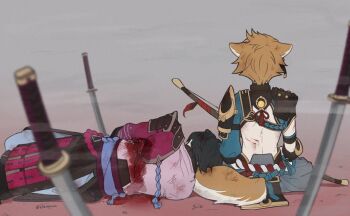 2boys animal_ears armor artist_name back black_collar black_hair bleeding blood blood_on_clothes blurry blurry_foreground bow_(weapon) brown_hair collar commentary deep_wound dog_boy dog_ears dog_tail dying facing_away from_behind genshin_impact gorou_(genshin_impact) grey_pants hair_ornament holding holding_bow_(weapon) holding_weapon igote injury japanese_armor japanese_clothes katana kitsunebi_v3kokonn kouhaku_nawa kusazuri lying male_focus multiple_boys on_side pants planted planted_sword planted_weapon rope sangonomiya_resistance_(genshin_impact) shimenawa short_hair shoulder_armor sitting sode sword tail tassel twitter_username vision_(genshin_impact) weapon