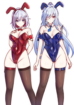 2girls absurdres bare_shoulders blue_eyes blue_leotard blue_necktie bow bowtie breasts brown_thighhighs cleavage collar detached_collar gluteal_fold hand_on_own_chest highres honkai:_star_rail honkai_(series) jimpu6 jingliu_(honkai:_star_rail) large_breasts leotard long_hair looking_at_viewer multicolored_hair multiple_girls necktie playboy_bunny red_bow red_bowtie red_eyes red_hair red_leotard short_hair simple_background streaked_hair thighhighs thighs topaz_(honkai:_star_rail) two-tone_hair very_long_hair white_background white_collar white_hair