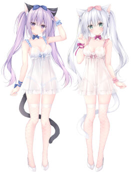 2girls absurdres airi_(alice_or_alice) alice_or_alice animal_ears arm_up bare_shoulders blue_bow bow bow_panties breasts cat_ears cat_girl cat_tail cleavage closed_mouth commentary_request fishnet_thighhighs fishnets frilled_panties frills green_eyes grey_hair hair_between_eyes hair_bow hand_up high_heels highres korie_riko lingerie medium_breasts multiple_girls negligee panties pink_bow purple_eyes purple_hair rise_(alice_or_alice) see-through_clothes shoes simple_background smile standing tail thighhighs twintails underwear white_background white_panties white_shoes white_thighhighs wrist_cuffs