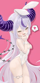 1girl absurdres ahoge alternate_costume animal_ear_hairband animal_ears barbell_piercing black_horns bow bowtie braid braided_bangs breasts cleavage commentary_request covered_navel crossed_bangs demon_horns detached_collar double-parted_bangs ear_piercing earrings fake_animal_ears fang grey_hair hair_between_eyes hairband heart heart_o-ring highleg highleg_leotard highres hololive horns industrial_piercing jewelry la+_darknesss leotard long_hair looking_at_viewer o-ring o-ring_thigh_strap open_mouth pichu_(mew0206mew) piercing pink_background playboy_bunny pointy_ears purple_streaks rabbit_ear_hairband rabbit_ears simple_background single_hair_streak skin_fang slit_pupils small_breasts solo spoken_heart strapless strapless_leotard striped_horns tail thigh_strap very_long_hair virtual_youtuber white_bow white_bowtie white_leotard wrist_cuffs yellow_eyes