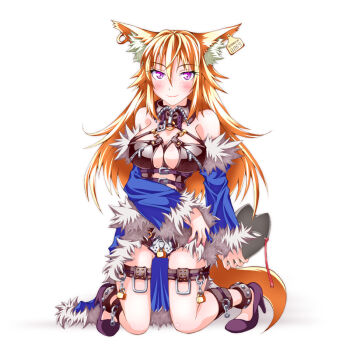 1girl animal_ear_fluff animal_ears anklet black_shorts blonde_hair blue_cape blue_sleeves blush bondage_outfit breasts cape chastity_belt closed_mouth commentary_request detached_sleeves ear_tag fox_ears fox_girl fox_mask fox_tail full_body fur-trimmed_cape fur-trimmed_sleeves fur_trim hair_between_eyes high_heels holding holding_mask jewelry large_breasts lock long_hair looking_at_viewer mask padlock purple_eyes purple_shoes ragnarok_online saaki_(sa-ki) shoes short_shorts shorts simple_background smile solo stalker_(ragnarok_online) studded_anklet tail waist_cape white_background zipper