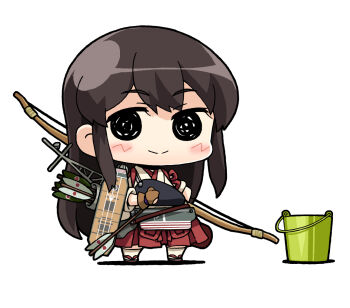 Rule 34 | 1girl, akagi (kancolle), arrow (projectile), black eyes, blush, bow (weapon), brown gloves, brown hair, bucket, chibi, chibi only, flight deck, gloves, hakama, hakama skirt, holding, holding arrow, holding bow (weapon), holding weapon, japanese clothes, kantai collection, long hair, looking at viewer, muneate, partially fingerless gloves, partly fingerless gloves, quiver, red hakama, repair bucket, rigging, simple background, skirt, smile, solo, standing, tasuki, thighhighs, weapon, white background, white thighhighs, yagumo kengou, yugake