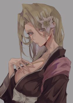 1girl 2023 bleach blonde_hair blue_eyes breasts chain chain_necklace closed_mouth female_focus flower flower_on_head grey_background hair_flower hair_ornament hand_on_own_chest highres japanese_clothes jewelry large_breasts long_hair matsumoto_rangiku necklace pink_shawl shawl shihakusho simple_background ui_1231 upper_body