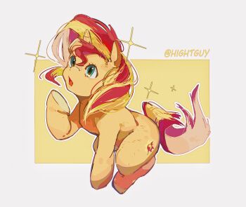 animal animal_focus aqua_eyes artist_name blonde_hair border commentary cutie_mark film_grain full_body grey_border highres hightguy long_hair looking_ahead looking_up multicolored_hair my_little_pony my_little_pony:_friendship_is_magic no_humans open_mouth outline outside_border red_hair red_tail simple_background solo streaked_hair sunset_shimmer sunset_shimmer_(unicorn) symbol-only_commentary tongue two-tone_hair two-tone_tail unicorn white_outline yellow_background yellow_tail