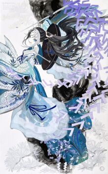 Rule 34 | 1girl, absurdly long hair, absurdres, animal print, artist logo, artist name, black hair, blue eyes, blue kimono, commentary request, eyelashes, eyeshadow, floating hair, floral print, from above, gohei, grey shirt, high collar, highres, holding, holding gohei, japanese clothes, kimono, layered kimono, logo, long hair, looking at viewer, looking up, makeup, no pupils, oonusa, original, ponytail, sandogasa, shide, shiguretau, shirt, sidelocks, sleeveless, smile, solo, standing, thick eyebrows, twitter username, very long hair, white hair, wide sleeves