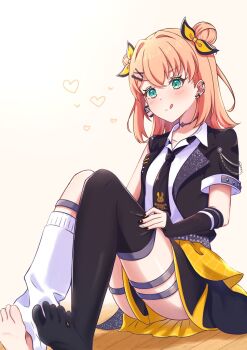 Rule 34 | 1girl, asymmetrical legwear, black jacket, black skirt, black thighhighs, collarbone, collared shirt, commentary request, convenient skirt, double bun, dressing, fingerless gloves, full body, gloves, hair bun, hair intakes, hair ornament, heart, highres, hinoshita kaho, i do me! (love live!), jacket, knees up, leg warmers, link! like! love live!, love live!, mano 409, medium hair, miniskirt, mismatched legwear, multiple thigh straps, official alternate costume, open clothes, open jacket, orange hair, pleated skirt, shirt, short-sleeved jacket, short sleeves, simple background, single bare foot, single leg warmer, single sleeve, single thighhigh, skirt, soles, solo, thigh strap, thighhighs, toes, uneven legwear, virtual youtuber, white background, white leg warmers, white shirt, x hair ornament