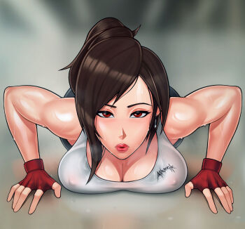 1girl alternate_hairstyle biceps black_hair blurry blurry_background breasts breath brown_eyes cleavage covered_erect_nipples exercising final_fantasy final_fantasy_vii fingerless_gloves gloves highres large_breasts loodncrood looking_at_viewer muscular muscular_female ponytail push-ups solo square_enix steaming_body sweat tank_top tifa_lockhart