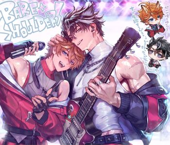 00rux 2boys :d animal_ears bare_shoulders belt biceps black_belt black_gloves black_hair black_jacket blue_eyes blush chain chain_necklace chibi chibi_inset chin_rest closed_mouth commentary covered_pectorals cross_scar crossed_bangs curtained_hair electric_guitar english_text fingerless_gloves friends genshin_impact gloves grey_eyes grey_vest guitar hair_between_eyes hair_ears hand_on_another&#039;s_head hand_up hands_up head_on_another&#039;s_shoulder head_on_head head_rest head_tilt height_difference holding holding_guitar holding_instrument holding_microphone hoyofair idol index_ring instrument jacket jewelry kemonomimi_mode long_sleeves male_focus microphone midriff_peek multicolored_hair multiple_boys multiple_rings necklace official_alternate_costume open_clothes open_jacket open_mouth orange_hair pectorals pendant pinky_ring popped_collar puffy_long_sleeves puffy_sleeves punk red_jacket red_shirt ring scar scar_on_arm scar_on_face shiny_skin shirt short_hair side-by-side sidepec sideways_mouth single_off_shoulder sleeveless sleeveless_shirt smile sparkle stage_lights star_(symbol) sweat symbol-only_commentary tartaglia_(genshin_impact) tartaglia_(parallels_meet)_(genshin_impact) tight_clothes tight_shirt toned toned_male translation_request turtleneck turtleneck_shirt two-sided_fabric two-sided_jacket two-tone_hair upper_body very_short_hair very_sweaty vest white_shirt white_streaks wireless_earphones wriothesley_(galaxy_store)_(genshin_impact) wriothesley_(genshin_impact) zipper