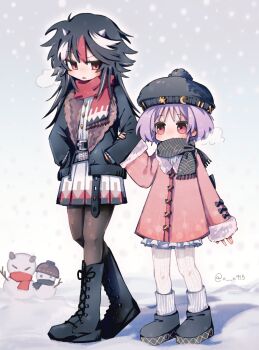 2girls alternate_costume alternate_hairstyle arrow_print beanie belt black_belt black_boots black_hair black_hat black_jacket black_pantyhose black_scarf blush boots character_snowman coat commentary_request fang full_body fur-trimmed_coat fur-trimmed_jacket fur_trim hand_on_another's_arm hands_in_pockets hat height_difference highres horns jacket kijin_seija kiwi_(x_x915) long_hair long_sleeves looking_at_another multicolored_hair multiple_belts multiple_girls open_mouth outdoors pantyhose pink_coat pleated_skirt pom_pom_(clothes) pom_pom_beanie print_scarf print_skirt puff_of_air purple_hair red_eyes red_scarf red_streaks scarf shirt short_hair skirt small_horns smile snow snowman streaked_hair sukuna_shinmyoumaru touhou twitter_username white_horns white_pantyhose white_shirt white_skirt white_streaks winter