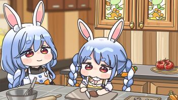 2girls animal_ear_fluff animal_ears apple apron blue_hair blurry blurry_background blush_stickers braid carrot_hair_ornament chibi closed_mouth commentary_request cutting cutting_board depth_of_field detached_sleeves don-chan_(usada_pekora) dress food food-themed_hair_ornament fruit hair_ornament holding holding_knife hololive indoors knife long_hair mixing_bowl mochimiko mother_and_daughter multicolored_hair multiple_girls pekomama pekomama_(1st_costume) plate puffy_short_sleeves puffy_sleeves rabbit_ears red_eyes rolling_pin short_eyebrows short_sleeves smile thick_eyebrows twin_braids twintails two-tone_hair usada_pekora usada_pekora_(1st_costume) very_long_hair virtual_youtuber whisk white_dress white_hair white_sleeves yellow_apron yurie_mouth