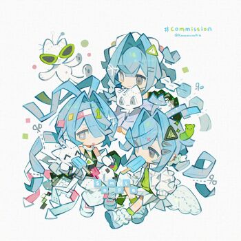3girls :3 :o bare_shoulders black_shirt blue_hair blue_shoes closed_mouth commission full_body green_shirt green_socks grey_eyes hair_intakes hair_ornament hair_over_one_eye hairclip hat heterochromia highres kanae_(cookie) long_hair multiple_girls open_mouth original parallel_hairclips shirt shoes shorts simple_background sleeveless sleeveless_shirt socks twitter_username v-shaped_eyebrows white_background white_hat white_shorts