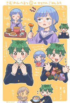 Rule 34 | 1boy, 1girl, black pants, blue eyes, brown eyes, burger, candy, chocolate, chocolate heart, commentary request, eating, food, fork, french fries, fukumori mimei, gakuran, green hair, heart, heart-shaped food, highres, holding, holding food, holding fork, holding plate, long hair, long sleeves, mizuo kurage, multiple views, onigiri, pants, plate, purple hair, school uniform, short hair, someone hertz, ss 100010, twitter username, upper body, valentine, yellow background