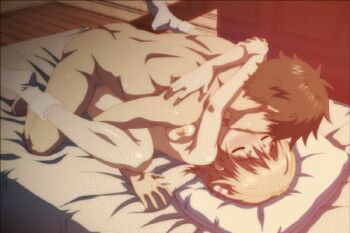 1boy 1girl animated animated_gif ass bed blush bouncing_breasts breasts closed_eyes hetero hug kamimura_chika kiss lowres pillow sex sisters_~natsu_no_saigo_no_hi~ socks spread_legs