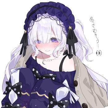 1girl bare_shoulders blue_hairband blush bow cardigan_on_shoulders closed_mouth commentary_request crescent crescent_necklace dress frilled_dress frills gothic_lolita hair_over_one_eye hairband highres jewelry lolita_fashion lolita_hairband long_hair long_sleeves looking_at_viewer mahou_shoujo_no_majo_saiban mitarashi_umemaru natsume_an-an necklace nose_blush polka_dot polka_dot_bow purple_eyes simple_background sleeves_past_fingers sleeves_past_wrists solo translation_request upper_body white_background white_hair