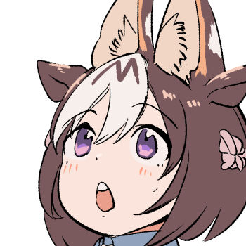 animal_ears blush brown_hair cat_ears extra_ears grey_hair hair_ornament horse_ears horse_girl kemono_friends mcgunngu multicolored_hair open_mouth purple_eyes serval_(kemono_friends) shirt short_hair special_week_(umamusume) sweat two-tone_hair umamusume upper_body