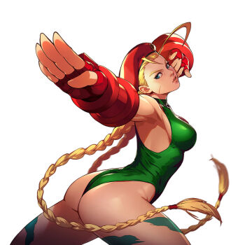 Rule 34 | 1girl, antenna hair, armpits, ass, beret, blonde hair, blue eyes, bodypaint, bracer, braid, breasts, cammy white, camouflage, capcom, curvy, dab (dance), elbow gloves, facial scar, fighting stance, fingerless gloves, fingernails, gloves, green leotard, hat, highleg, highleg leotard, leotard, lips, long braid, long hair, medium breasts, no bra, nose, red gloves, scar, scar on cheek, scar on face, shiny skin, solo, street fighter, street fighter ii (series), thick thighs, thighs, thong leotard, toned, turning head, twin braids, twisted torso, very long hair, white background, xin wang