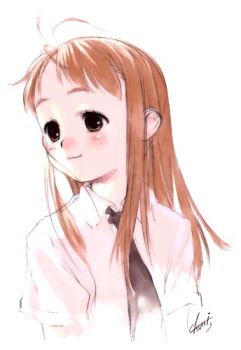 1girl archived_source artist_name black_necktie blush brown_eyes brown_hair closed_mouth eyelashes long_hair long_sidelocks lowres necktie nose_blush original shirt short_sleeves sidelocks signature smile straight_hair tanaka_kunihiko thick_eyebrows upper_body white_shirt white_sleeves wing_collar