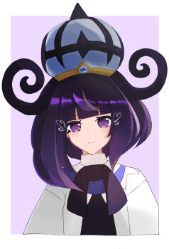 1girl absurdres black_dress blunt_bangs bob_cut border closed_mouth coat dress gwynn_(pokemon) hat heart highres hoimi556 looking_at_viewer nintendo open_clothes open_coat outside_border pokemon pokemon_legends:_z-a purple_background purple_eyes purple_hair smile solo upper_body white_border white_coat