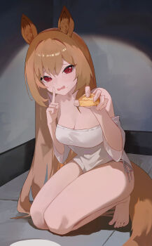 1girl absurdres animal_ear_fluff animal_ears arknights bare_shoulders barefoot breasts brown_hair brown_tail ceobe_(arknights) chinese_commentary cleavage commentary_request fang finger_to_mouth food full_body hair_between_eyes highres holding holding_food kneeling light_blush long_hair looking_at_viewer medium_breasts on_floor open_mouth red_eyes shirt short_sleeves shushing skin_fang solo tail white_shirt yorei_8338
