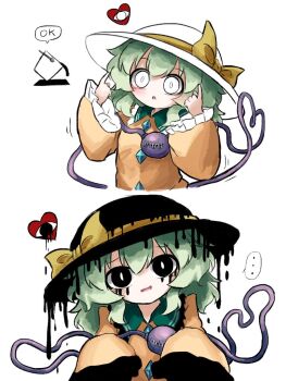 ... 1girl :o black_eyes blush bow bright_pupils buttons collared_shirt diamond_button dripping dripping_eye frilled_shirt_collar frilled_sleeves frills green_hair hat hat_bow heart heart_of_string heripantomorrow komeiji_koishi medium_hair multiple_views paint paint_can pointing pointing_at_self raised_inner_eyebrows shirt simple_background spoken_ellipsis third_eye touhou white_background white_eyes white_hat white_pupils yellow_bow yellow_shirt